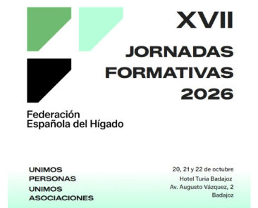 XVII Jornadas Formativas 2026 de la Federación Española del Hígado Cartel de las XVII Jornadas Formativas 2026 de la Federación Española del Hígado, que se celebrarán del 20 al 22 de octubre en el Hotel Turia de Badajoz.