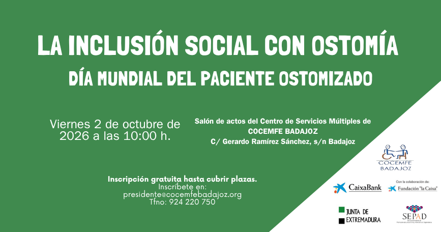 Cartel de la jornada ‘La inclusión social con ostomía’ de COCEMFE Badajoz por el Día Mundial del Paciente Ostomizado.