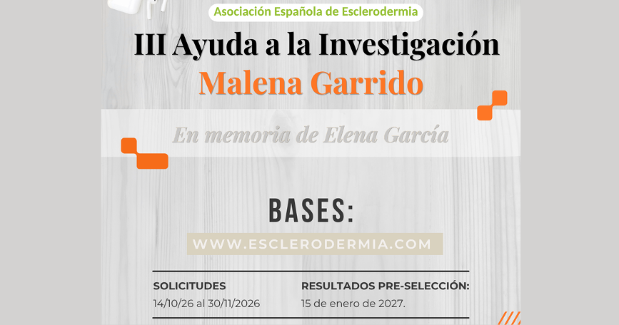 Cartel de la III Ayuda a la Investigación Malena Garrido de AEE, en memoria de Elena García. Solicitudes hasta el 30 de noviembre de 2026.