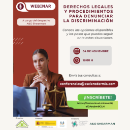 Cartel del webinar de AEE sobre derechos legales y procedimientos para denunciar la discriminación, el 4 de noviembre a las 18:00 horas.