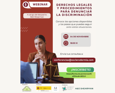 Cartel del webinar de AEE sobre derechos legales y procedimientos para denunciar la discriminación, el 4 de noviembre a las 18:00 horas.