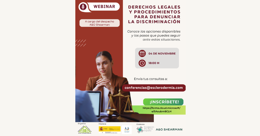 Cartel del webinar de AEE sobre derechos legales y procedimientos para denunciar la discriminación, el 4 de noviembre a las 18:00 horas.