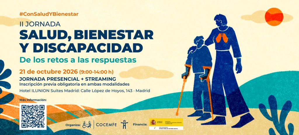 Cartel de la II Jornada de Salud, Bienestar y Discapacidad de COCEMFE, el 21 de octubre de 2026, de 9:00 a 14:00 h, en Madrid y por streaming. Inscripción previa obligatoria.