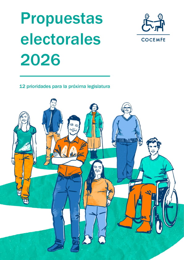 Portada de las Propuestas electorales 2026 de COCEMFE, con el subtítulo «12 prioridades para la próxima legislatura» y una ilustración de siete personas, entre ellas una usuaria de silla de ruedas y otra con muleta.