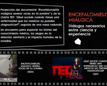 Cartel de la jornada «Encefalomielitis miálgica: diálogos necesarios entre ciencia y experiencia», con imágenes de dos documentales.