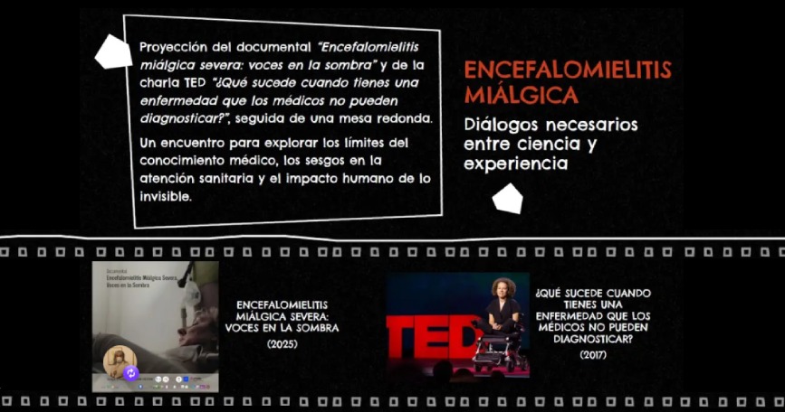 Cartel de la jornada «Encefalomielitis miálgica: diálogos necesarios entre ciencia y experiencia», con imágenes de dos documentales.
