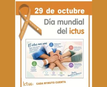 Cartel del Día Mundial del Ictus, 29 de octubre, con un lazo naranja, varias manos unidas y los mensajes «El ictus nos une» e «Ictus: cada minuto cuenta».