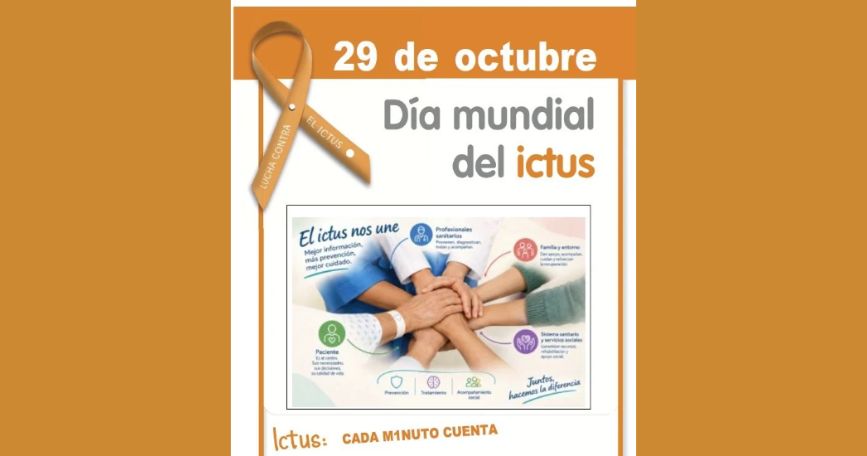 Cartel del Día Mundial del Ictus, 29 de octubre, con un lazo naranja, varias manos unidas y los mensajes «El ictus nos une» e «Ictus: cada minuto cuenta».