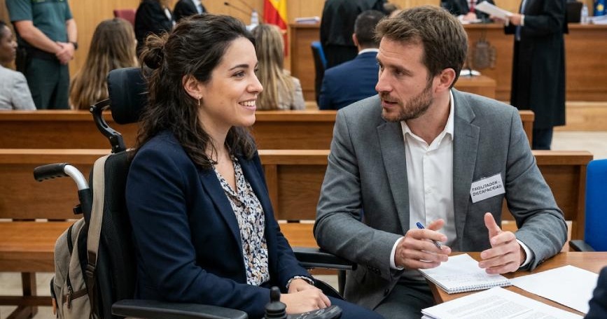 Mujer usuaria de silla de ruedas eléctrica conversa con un hombre junto a una mesa con documentos en una sala de vistas judicial.