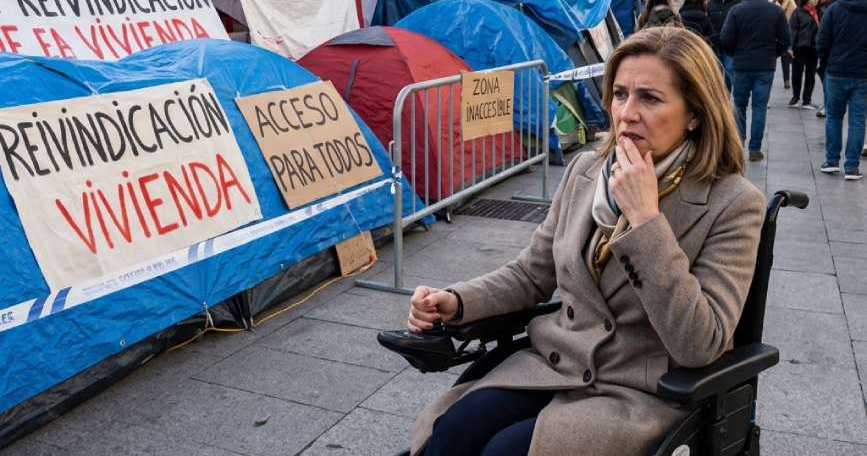 Mujer en silla de ruedas eléctrica junto a una acampada con tiendas, vallas y carteles sobre vivienda y accesibilidad.