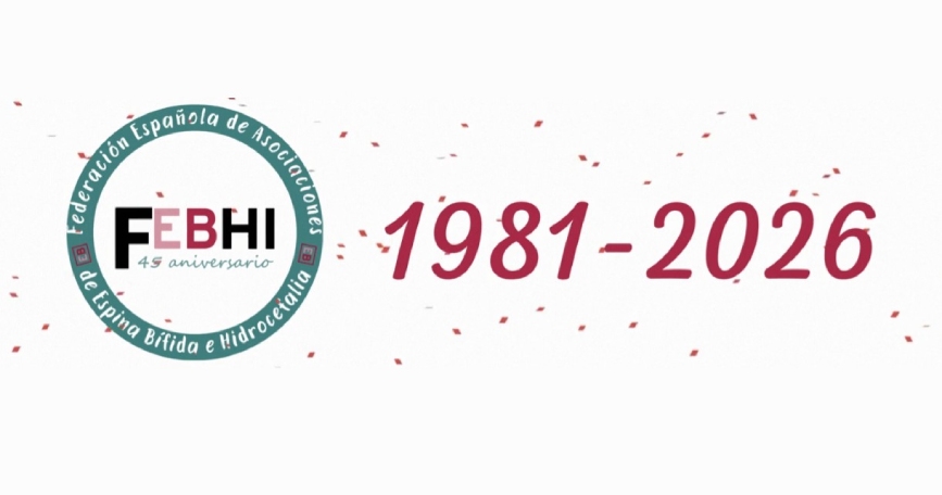 Logotipo conmemorativo del 45 aniversario de FEBHI junto a los años 1981-2026, sobre fondo blanco con confeti granate.