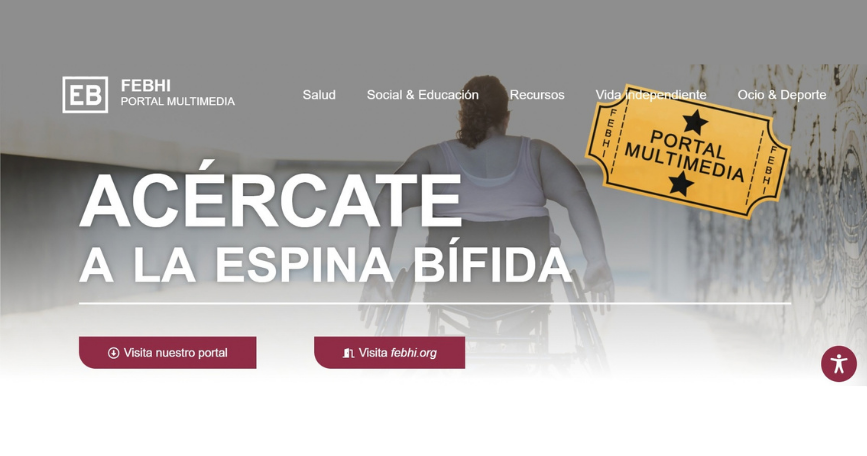 Captura del portal multimedia de FEBHI 'Acércate a la espina bífida', con una persona en silla de ruedas y accesos a información y recursos.