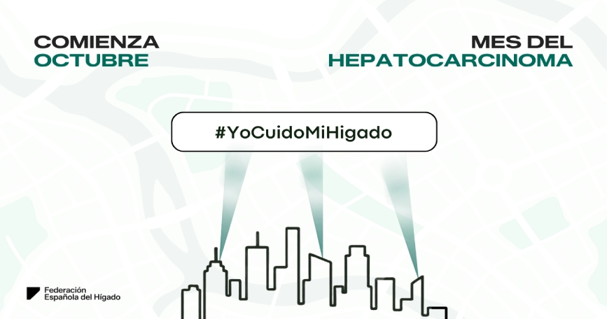 Cartel de la FEH por el Mes del Hepatocarcinoma con el hashtag #YoCuidoMiHigado.