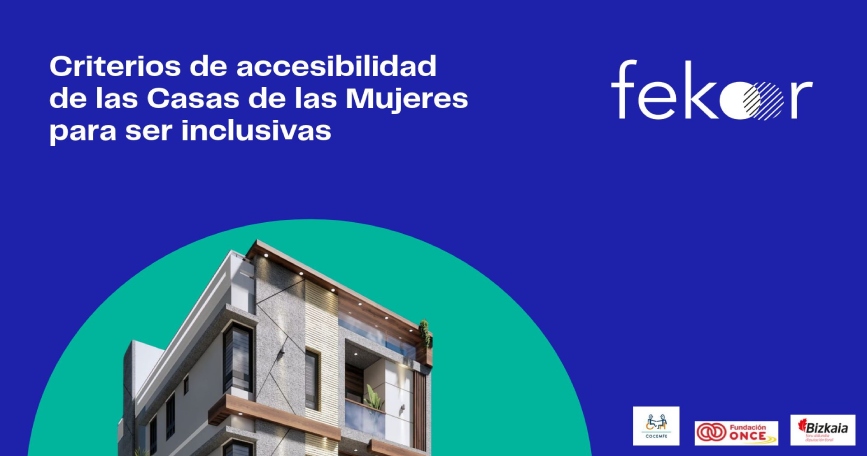Portada de la guía de Fekoor «Criterios de accesibilidad de las Casas de las Mujeres para ser inclusivas», con la imagen de un edificio.