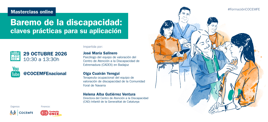 Cartel de la Masterclass de COCEMFE sobre el baremo de la discapacidad, que se celebrará online el 29 de octubre de 2026.