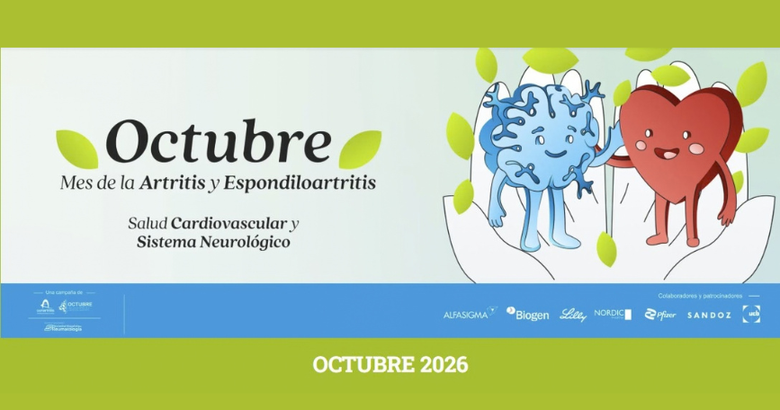 Cartel de 'Octubre, mes de la artritis y espondiloartritis' 2026, centrada en la salud cardiovascular y el sistema neurológico.