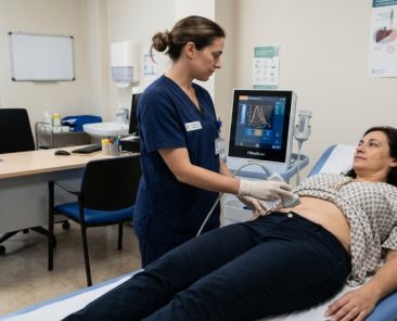 Prueba de elastografía hepática para la detección de enfermedades del hígado Una profesional sanitaria realiza una prueba de elastografía hepática con un equipo FibroScan a una mujer tumbada en una camilla.