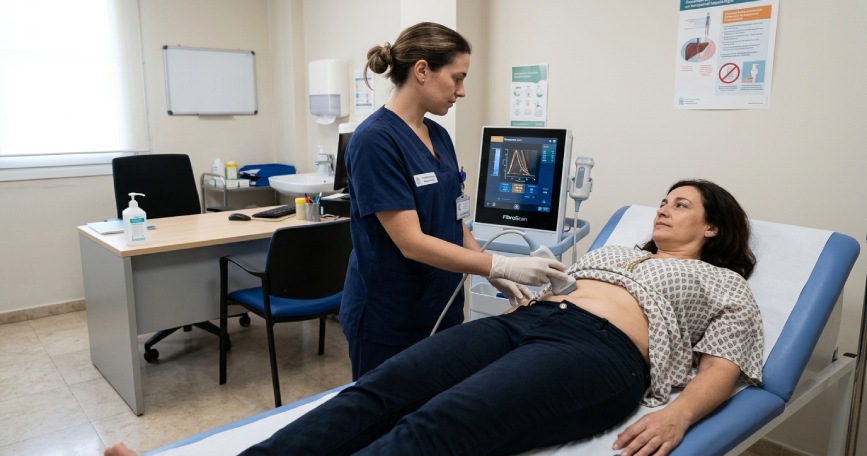 Una profesional sanitaria realiza una prueba de elastografía hepática con un equipo FibroScan a una mujer tumbada en una camilla.