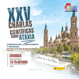 Cartel de las XXV Charlas Científicas sobre Ataxia de FEDAES, del 23 al 25 de octubre de 2026 en Zaragoza.