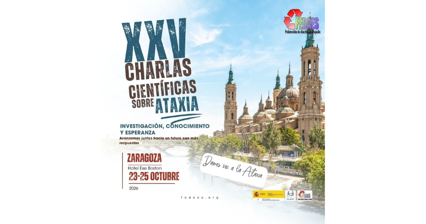 Cartel de las XXV Charlas Científicas sobre Ataxia de FEDAES, del 23 al 25 de octubre de 2026 en Zaragoza.